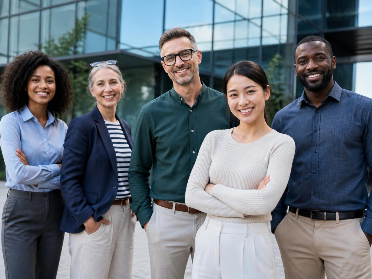 A diverse group of smiling professionals standing together outside a modern office