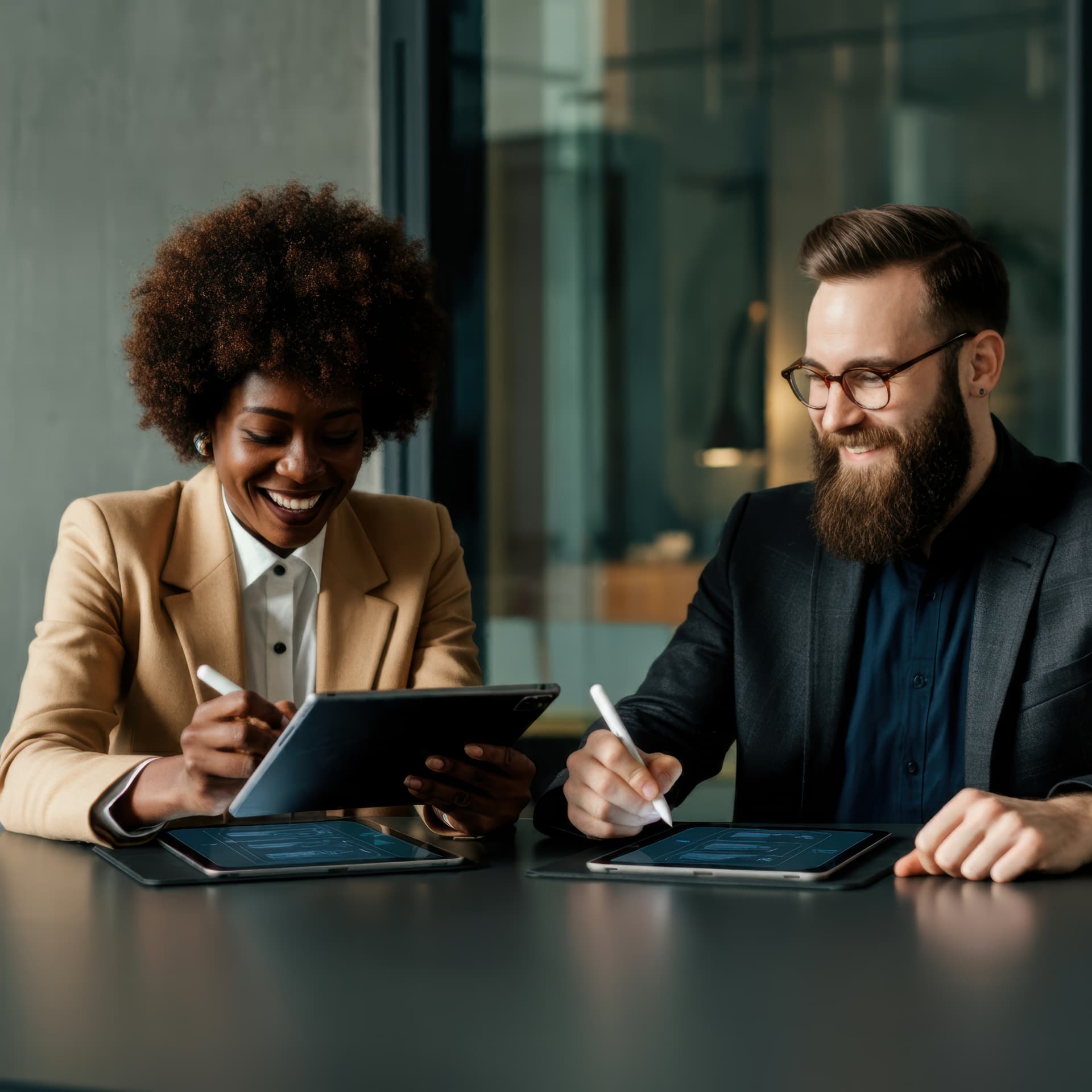 Two colleagues collaborating over tablets in a meeting room