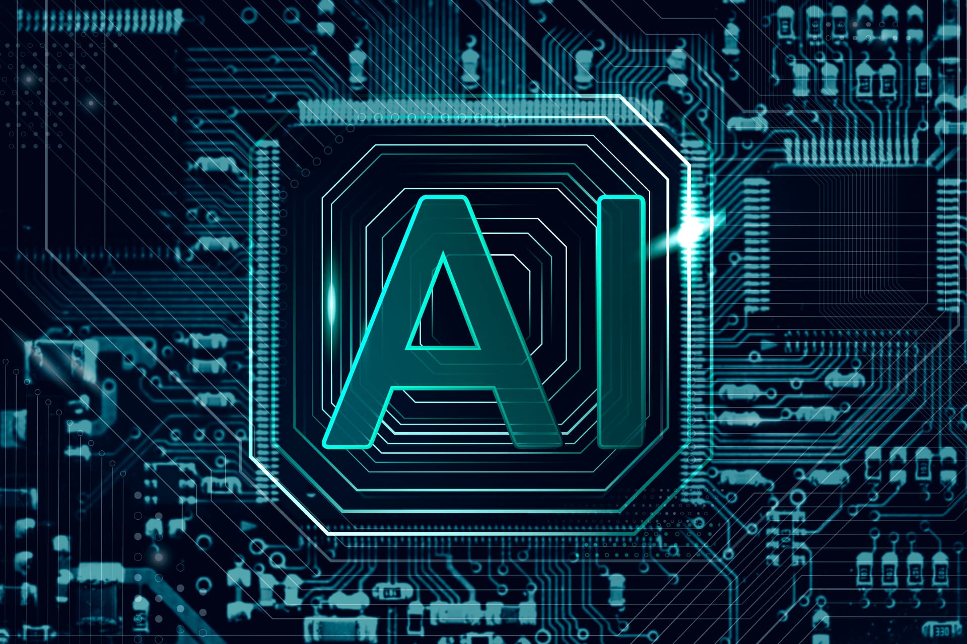 An illuminated AI emblem on a circuit board, representing verified AI capability