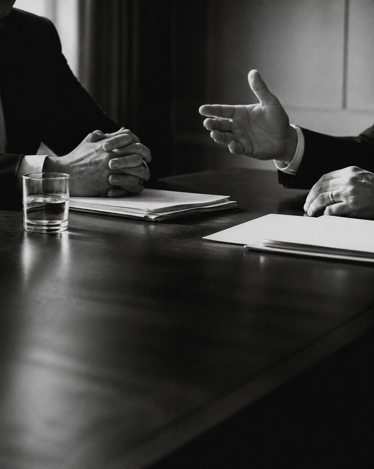 Two people in discussion across a boardroom table
