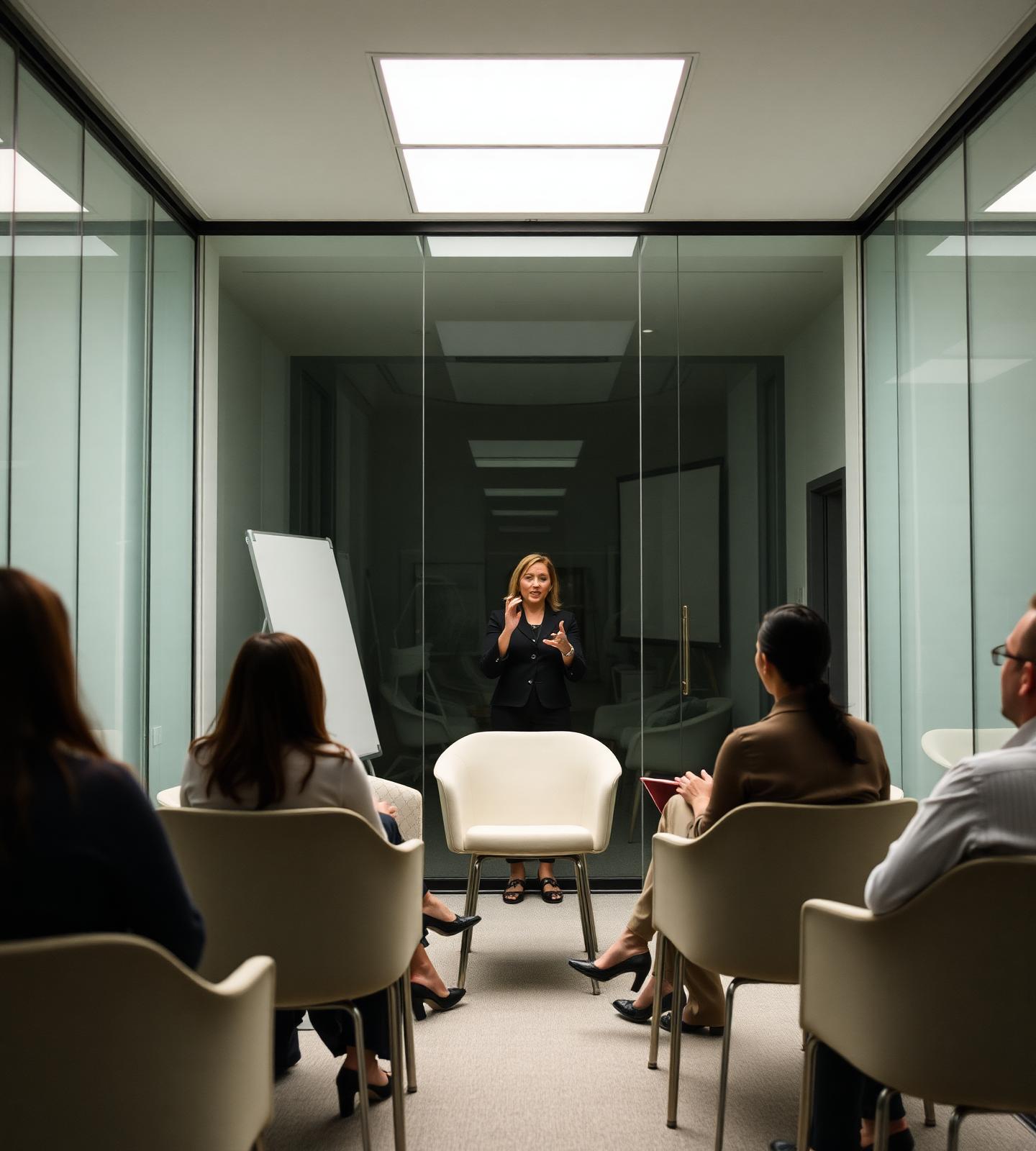 An executive facilitator leading a small leadership cohort in a seminar room
