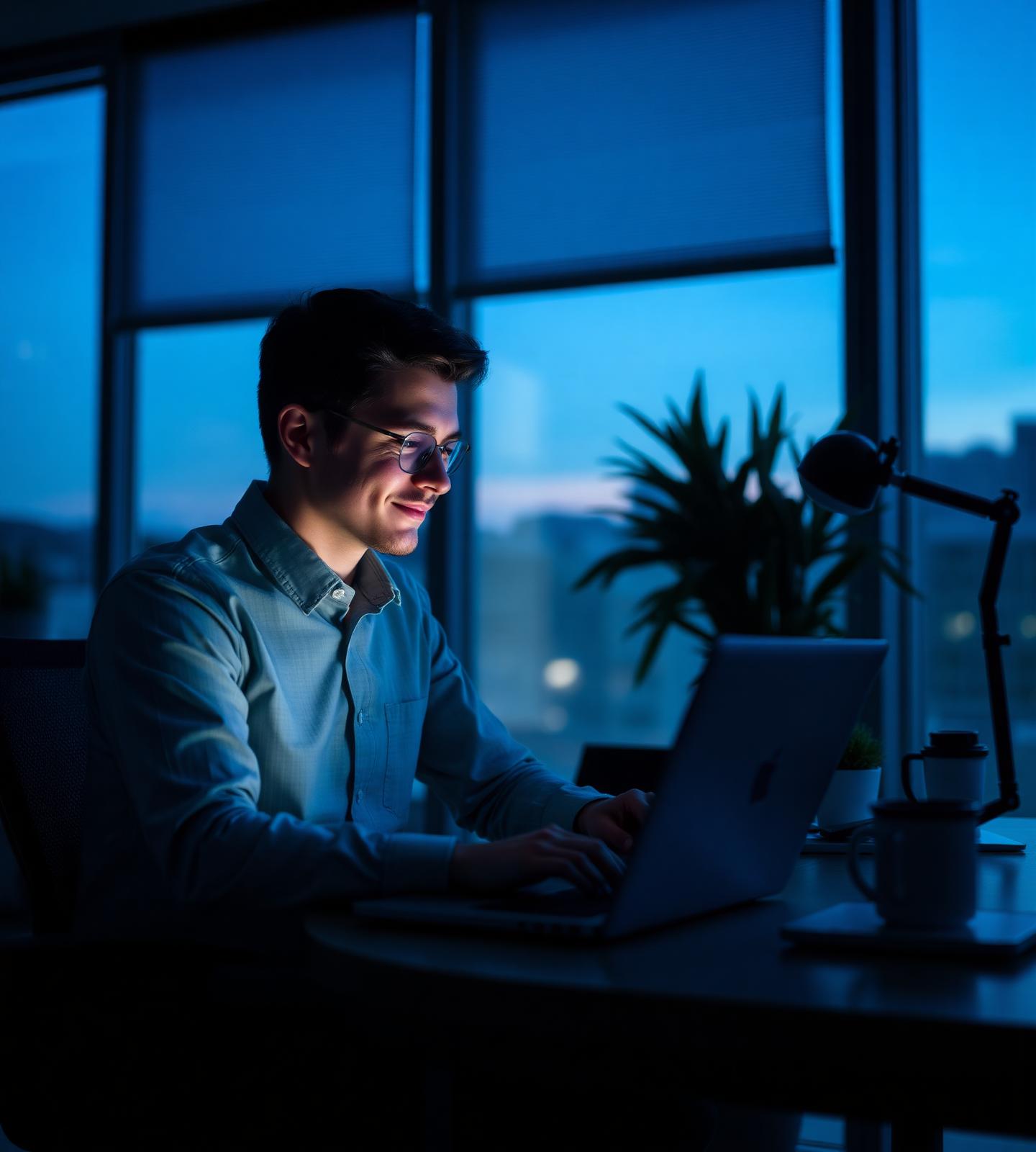 A professional learning on a laptop in a calm modern workspace at dusk