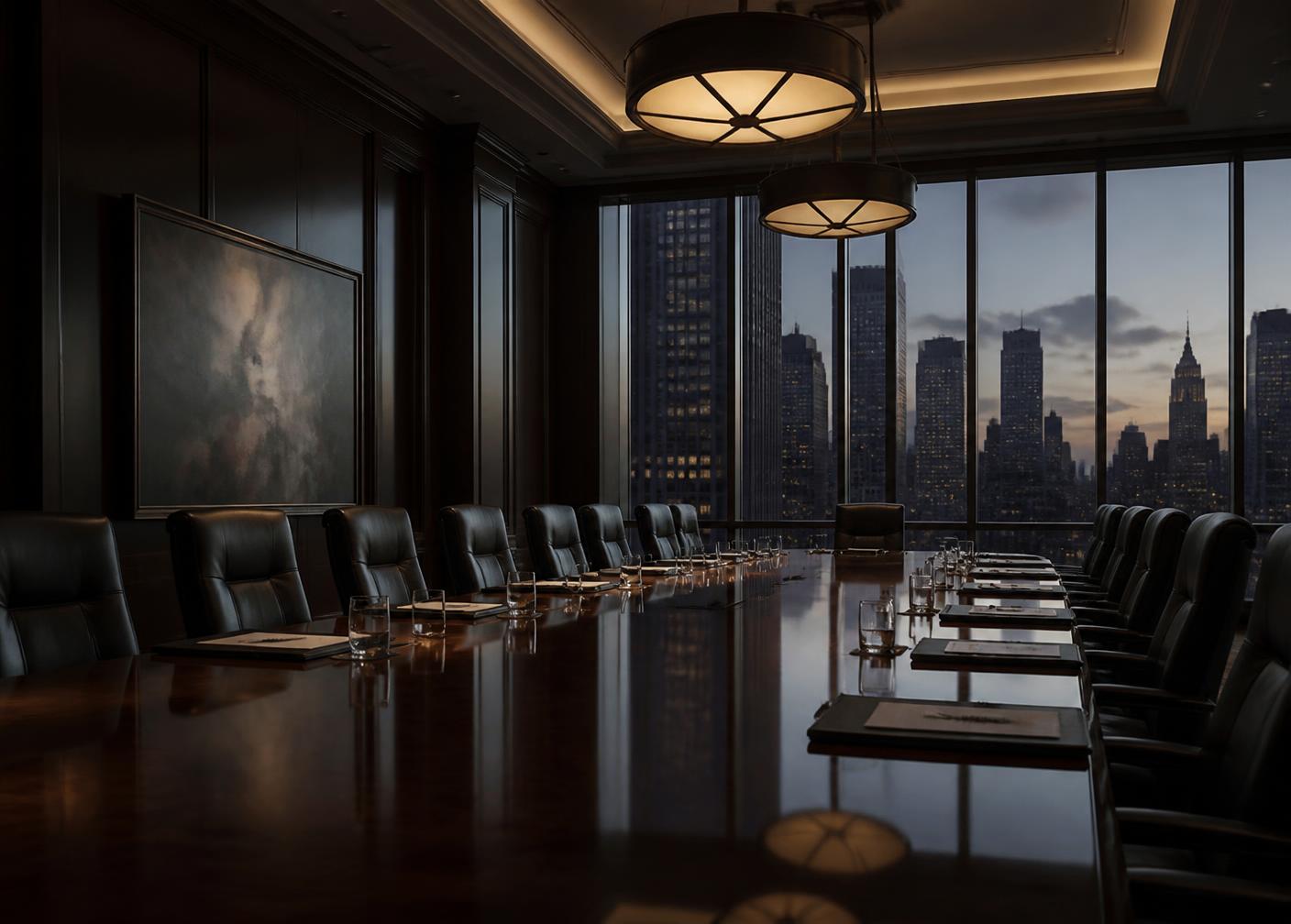 An institutional boardroom at dusk above a city skyline